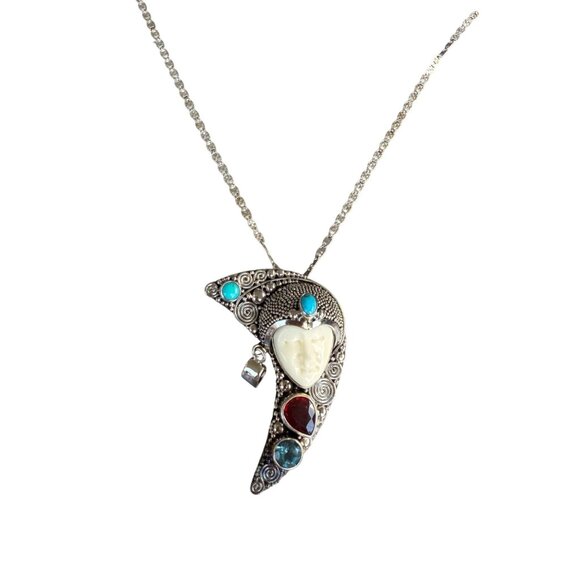 Sterling Silver Pendant NecklaceTurquoise RubyTopaz Accents Handmade In Indonesi - Picture 1 of 7